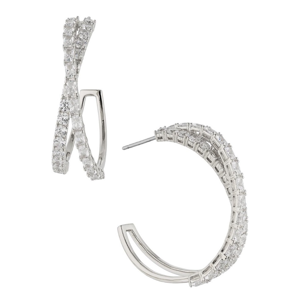 Nadri Isle Cubic Zirconia Crossed Hoop Earrings RHODIUM NWT